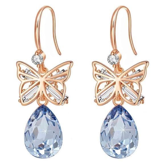 14K Rose Gold with Blue Topaz Austrian Crystal Butterfly Teardrop Hook Earrings